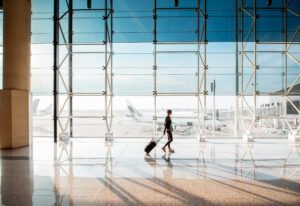 View,On,The,Aiport,Window,With,Woman,Walking,With,Suitcase