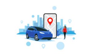 Vector,Illustration,Of,Autonomous,Online,Car,Sharing,Service,Controlled,Via